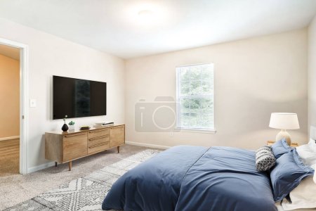 Photo for Interior of a modern bedroom with a small window and tv, 3d rendering design - Royalty Free Image