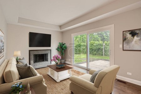 Foto de Interior del salón con sofá y suelo de madera. renderizado 3d - Imagen libre de derechos