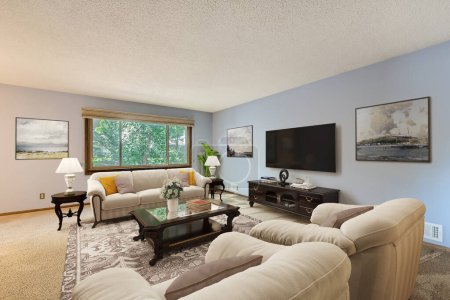 Foto de Interior de la moderna sala de estar con sofá. renderizado 3d - Imagen libre de derechos