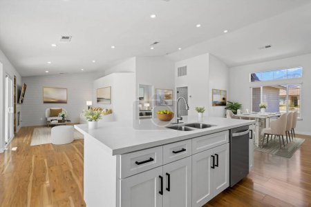 Foto de Modern kitchen with white walls and wooden floor. 3d rendering - Imagen libre de derechos
