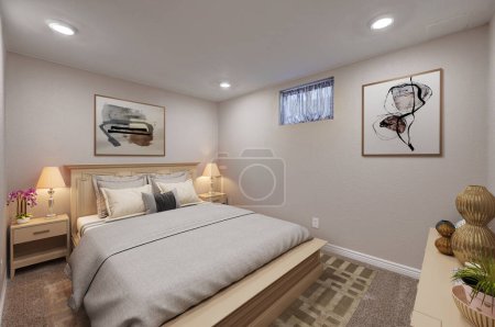 Photo for Interior of modern bedroom with comfortable bed. 3d rendering - Royalty Free Image