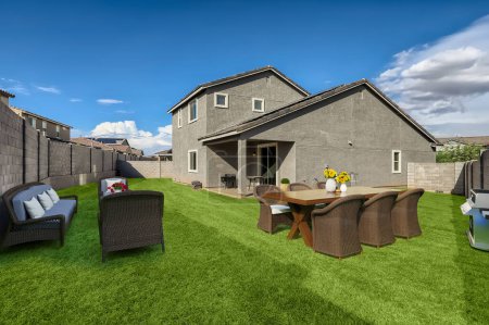 Foto de Hermosa casa gris con césped verde, diseño de renderizado 3d - Imagen libre de derechos