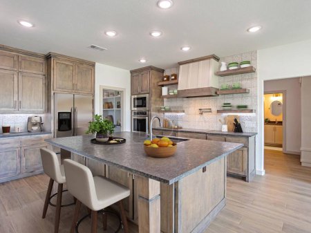Foto de Gran lujo, moderno, cómodo comedor y cocina, diseño de renderizado 3d - Imagen libre de derechos