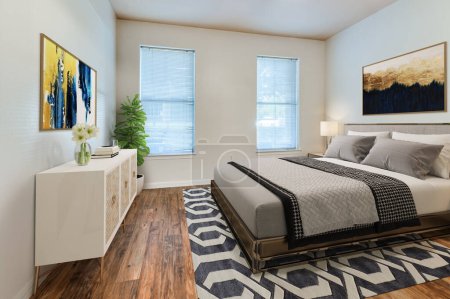 Foto de Interior de dormitorio moderno con suelo de madera - Imagen libre de derechos