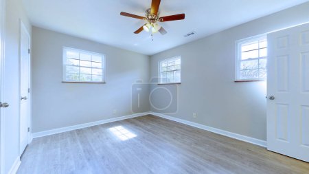 Photo for Empty room with windows and a white walls, wooden floor  nobody. - Royalty Free Image