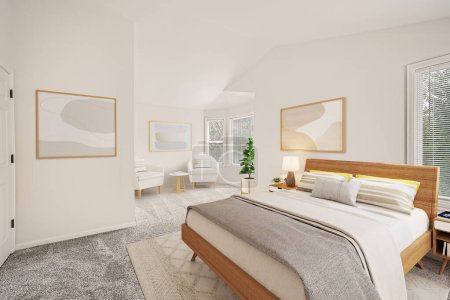 Téléchargez les photos : Interior of modern bedroom with white walls, 3d rendering - en image libre de droit