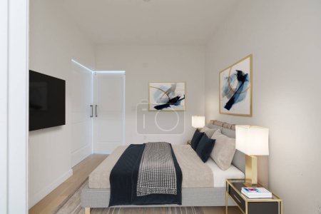 Téléchargez les photos : Intérieur de l'appartement moderne avec lit confortable - en image libre de droit