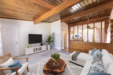 Foto de Moderna sala de estar con techo de madera. interior del hogar. ilustración 3d. - Imagen libre de derechos