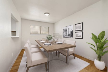 Foto de Moderna sala de estar con paredes blancas, y una mesa con un mobiliario grande y cómodo. renderizado 3d - Imagen libre de derechos