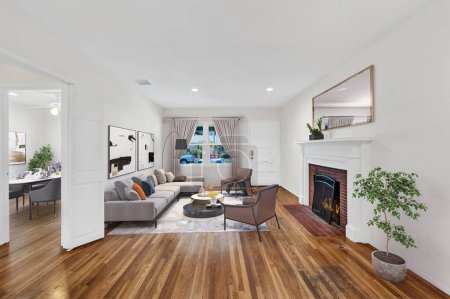 Foto de Interior del moderno salón con sofá y suelo de madera. renderizado 3d - Imagen libre de derechos
