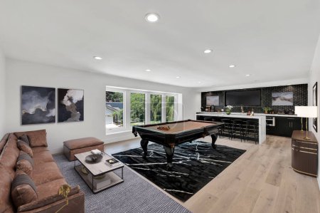 Foto de Interior de la moderna sala de estar con mesa de billar y suelo de madera. renderizado 3d - Imagen libre de derechos