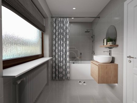 Téléchargez les photos : Salle de bain moderne avec des murs blancs et une fenêtre. Rendu 3d - en image libre de droit