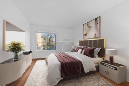 Photo for Interior of a modern bedroom with a window. 3d rendering - Royalty Free Image