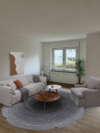 Foto de Moderno salón con sofá y suelo de madera. renderizado 3d - Imagen libre de derechos