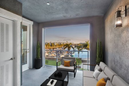 Téléchargez les photos : Intérieur de maison de luxe avec une architecture moderne et un canapé confortable. Rendu 3d - en image libre de droit