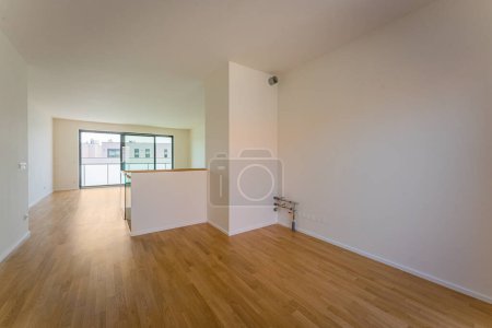 Foto de Habitación vacía con paredes blancas y suelo de madera. renderizado 3d - Imagen libre de derechos