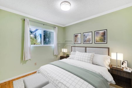 Foto de Interior de un dormitorio moderno con una ventana, 3d renderizado - Imagen libre de derechos
