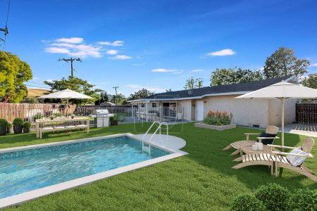 Téléchargez les photos : Belle villa de luxe piscine avec jardin et ciel bleu - en image libre de droit