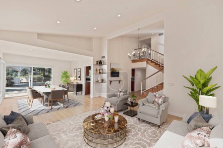 Foto de Moderna sala de estar de lujo con sofá y suelo de madera. renderizado 3d - Imagen libre de derechos