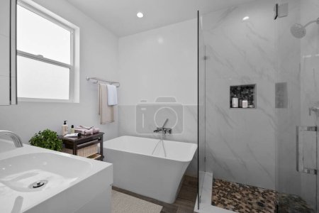 Téléchargez les photos : Salle de bain moderne intérieure avec murs blancs et lavabo. Rendu 3d - en image libre de droit