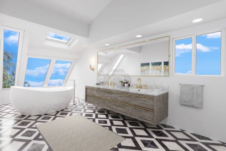 Téléchargez les photos : Salle de bain intérieure avec murs blancs, rendu 3d - en image libre de droit