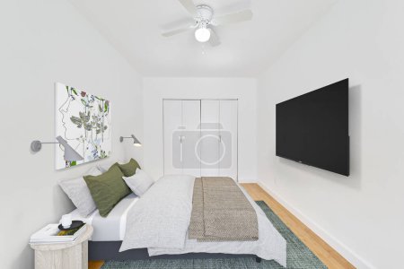 Téléchargez les photos : Intérieur de la chambre moderne avec murs blancs et plancher en bois. Rendu 3d - en image libre de droit