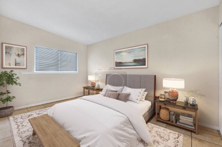 Foto de Representación minimalista en 3D de un dormitorio contemporáneo, con líneas limpias y una paleta de colores neutros. - Imagen libre de derechos