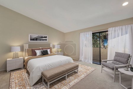 Photo for Minimalist 3D rendering of a contemporary bedroom, featuring clean lines and a neutral color palette. - Royalty Free Image