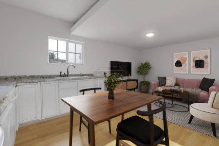 Téléchargez les photos : Intérieur de cuisine moderne avec plancher en bois et murs blancs - en image libre de droit