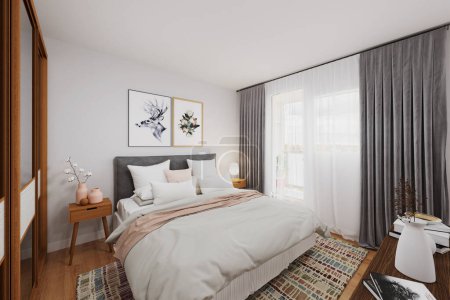 Téléchargez les photos : Conception de rendu 3D d'un intérieur de chambre à coucher moderne avec des meubles élégants - en image libre de droit