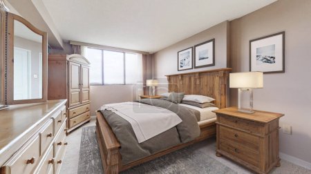 Foto de Diseño de representación 3D de un interior de dormitorio moderno con muebles elegantes - Imagen libre de derechos