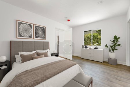 Foto de Representación minimalista en 3D de un dormitorio contemporáneo, con líneas limpias y una paleta de colores neutros. - Imagen libre de derechos
