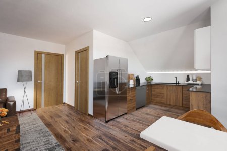 Foto de Nuevo diseño de cocina en el hogar moderno. renderizado 3d - Imagen libre de derechos
