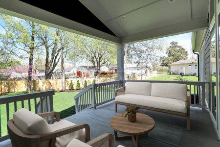 Téléchargez les photos : Maison moderne avec belle terrasse. Rendu 3d - en image libre de droit