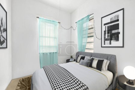 Photo for Modern bright interior design of bedroom. 3d rendering - Royalty Free Image