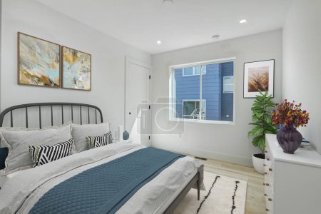 Photo for Modern bright interior design of bedroom. 3d rendering - Royalty Free Image