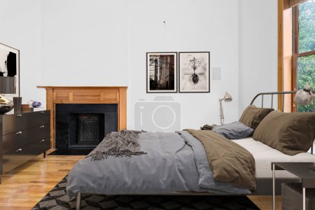 Téléchargez les photos : 3d rendu de chambre confortable dans la maison moderne - en image libre de droit