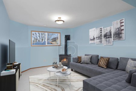 Téléchargez les photos : Beau design intérieur de maison moderne avec cheminée - en image libre de droit