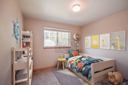 Foto de Dormitorio moderno de los niños con ventana, representación 3d - Imagen libre de derechos