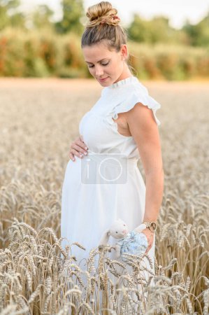 Téléchargez les photos : Adorable jeune femme enceinte en robe blanche debout dans le champ avec la main sur la bosse de bébé dans la journée ensoleillée d'été tout en regardant vers le bas et tenant l'ours jouet contre les arbres verts flous - en image libre de droit