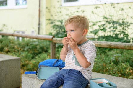 Foto de Lindo niño caucásico con ropa casual comiendo zanahorias picadas y verduras frescas de la lonchera, sentado en un banco del parque. concepto escolar - Imagen libre de derechos