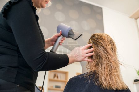 Téléchargez les photos : Vue arrière d'une femme méconnaissable se fait sécher les cheveux par un styliste. Le styliste utilise une brosse ronde pour coiffer les cheveux de la femme - en image libre de droit