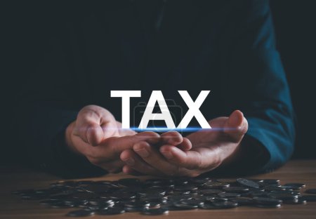 Tax and vat concept. Businessman holding Tax icon. Calculate money income to pay taxes and vat according to law. Calculator calculates refund from tax deduction. Business and financial service.