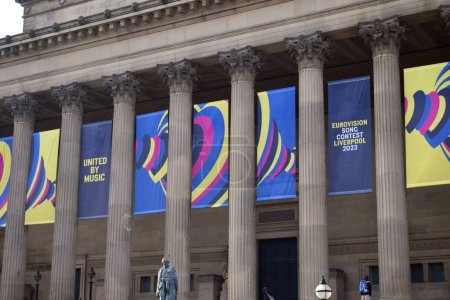 Photo for Liverpool, Merseyside, United Kingdom - January 31 2023: Banners on the front of St George's Hall in Liverpool town centre promoting the Eurovision Song Contest Liverpool 2023 in support of Ukraine - Royalty Free Image