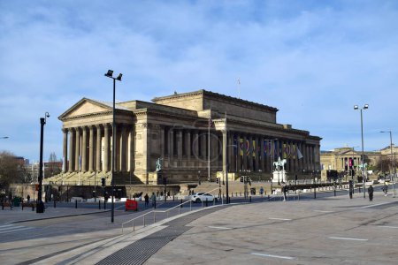 Photo for Liverpool, Merseyside, United Kingdom - January 31 2023: St George's Hall in Liverpool town centre promoting the Eurovision Song Contest Liverpool 2023 in support of Ukraine - Royalty Free Image