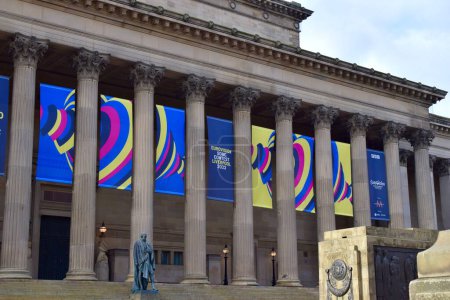 Photo for Liverpool, Merseyside, United Kingdom - January 31 2023: Banners on the front of St George's Hall in Liverpool town centre promoting the Eurovision Song Contest Liverpool 2023 - Royalty Free Image