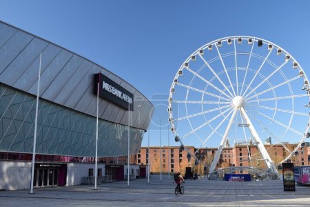 Photo for Liverpool, Merseyside, England - March 10 2023: M&S Bank Arena at Liverpool city's King's Dock in Merseyside. Echo arena sponsored by Marks and Spencer to host the Eurovision Song Contest 2023 in support of Ukraine - Royalty Free Image