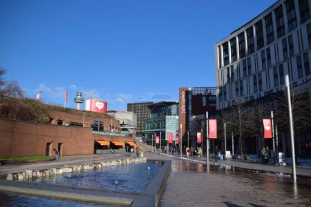 Photo for Liverpool, Merseyside, United Kingdom - March 10 2023: Water fountain at Liverpool city's shopping centre Liverpool One - Royalty Free Image