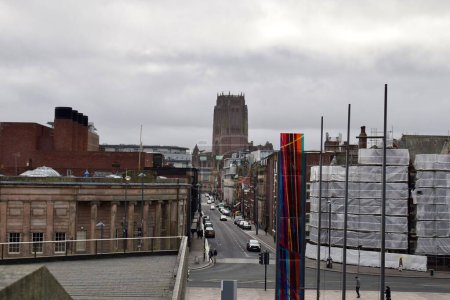 Photo for Liverpool, Merseyside, United Kingdom - February 17 2023: View of Liverpool Hope Street, Liverpool Medical Institution, and the Liverpool Anglican Cathedral from the Metropolitan Cathedral - Royalty Free Image