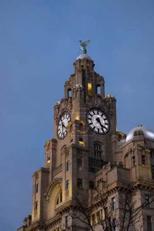Téléchargez les photos : Liverpool, Merseyside, Royaume-Uni - 22 novembre 2022 : Gros plan sur l'emblématique bâtiment du foie classé 1ère année de Liverpool, des Trois Grâces protégées, situé à la tête de la jetée le long de la rivière Mersey - en image libre de droit
